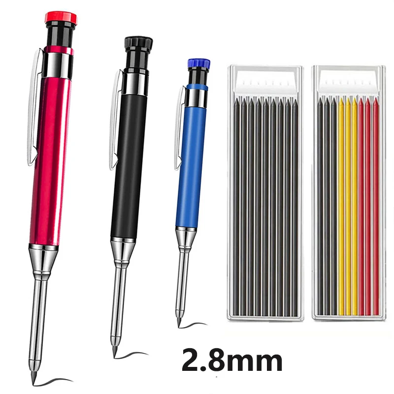 All Metal 2.8mm Mechanical Pencil with Pencil Sharpener 2B Yellow Black Red Lead Woodworking Long Head Deep Hole Marking Pen