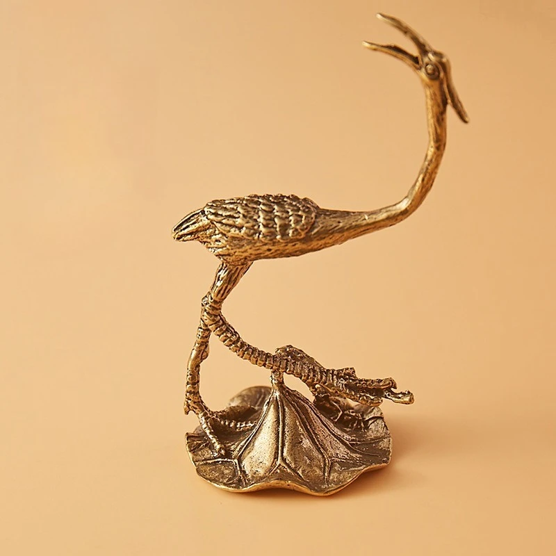 1 PC Vintage Brass Lotus Leaf Crane Figurine Rockery Bonsai Landscape Decor Office Desk Tea Pet Craft Ornament Home Decoration