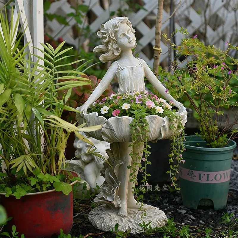 Retro Fairytale Dreamy Fairy Angel Resin Garden Planter Statue Figurine Lifting Dress Sculpture Home Decor Ornament Gift