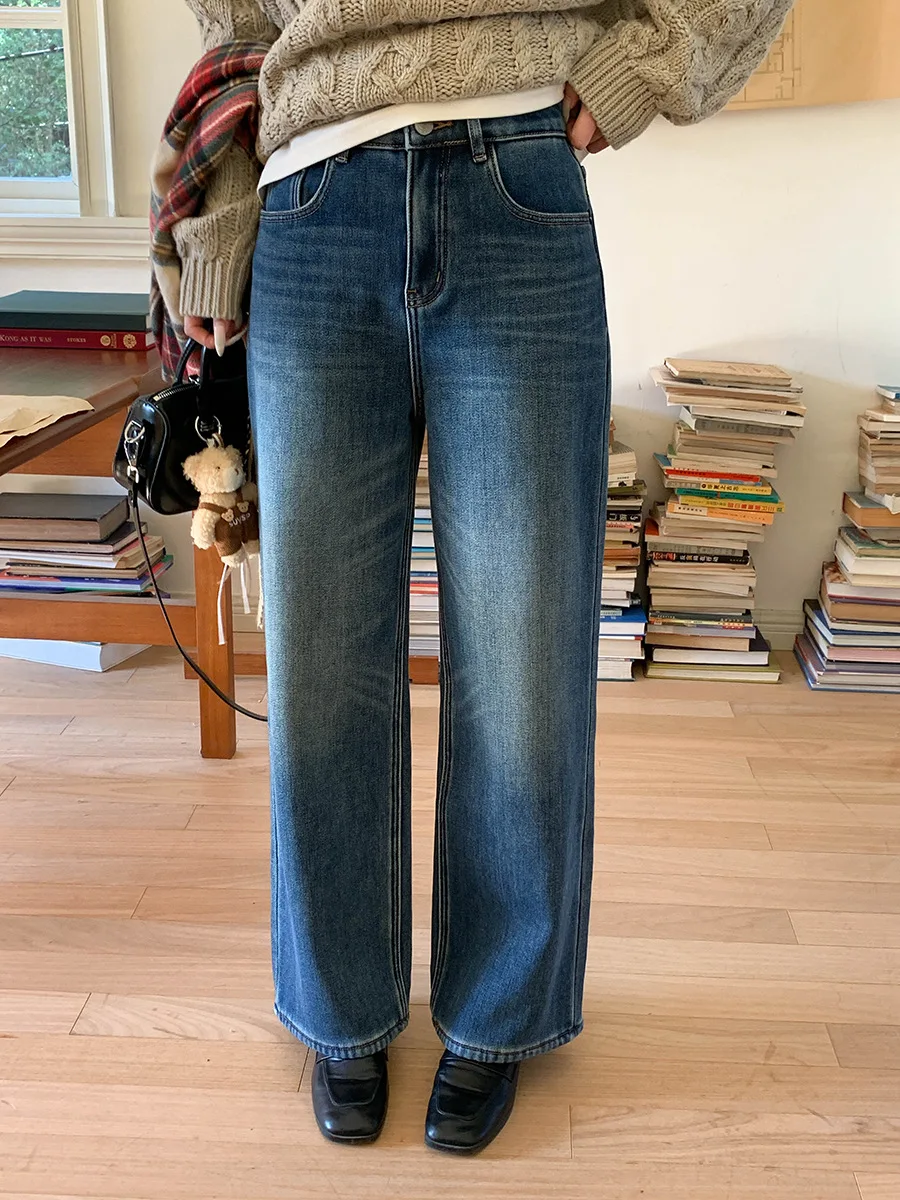 

Женские бархатные прямые джинсы с высокой талией, зимние повседневные джинсовые брюки, удобные прямые брюки