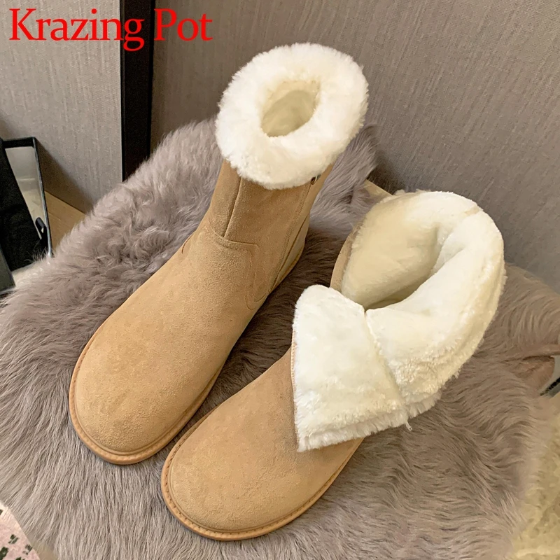 

Krazing Pot 2024 Wool Cow Suede Round Toe Low Heels Snow Boots Keep Warm Fur British School Simple Style Cozy Zipper Ankle Boots