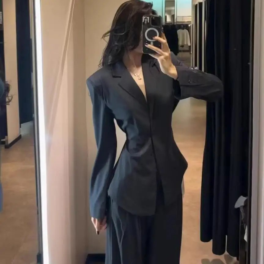 

Ele женский костюм Jaet, утягивающая талия, широкие брюки, весенний дизайн, элитный дизайн, длинное све, лоскутное шитье