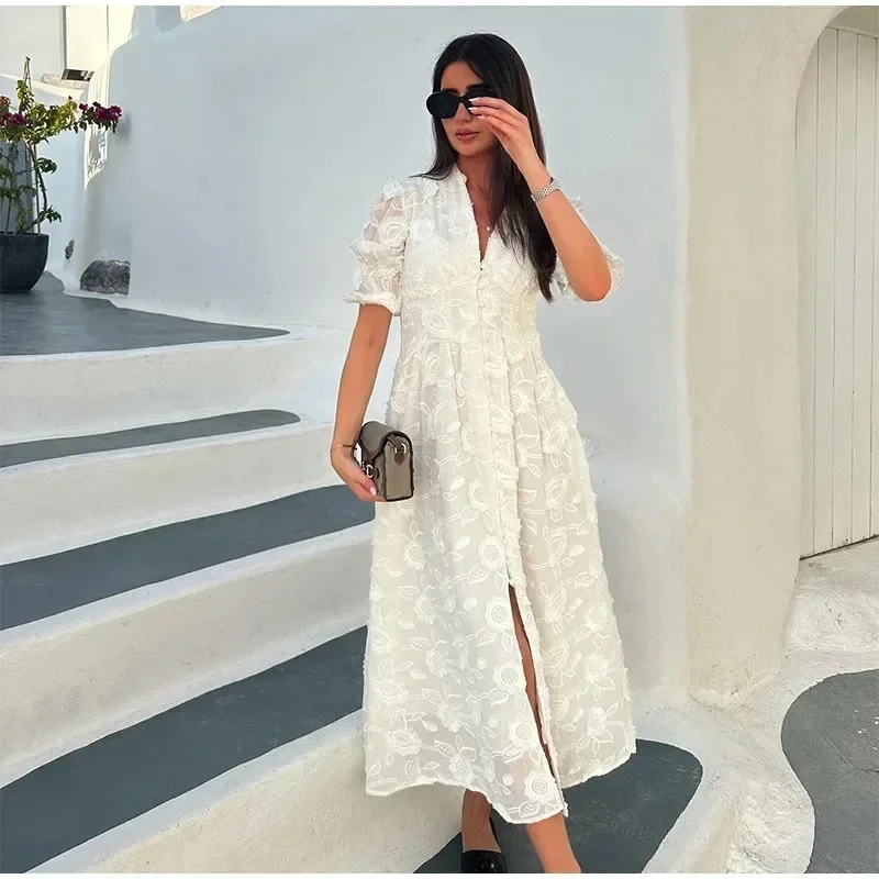 여성 캐주얼 브이넥 프린트 원피스, 싱글 버블 슬리브, 싱글 브레스트 오픈 탑 롱 스커트, 중간 길이, 신상