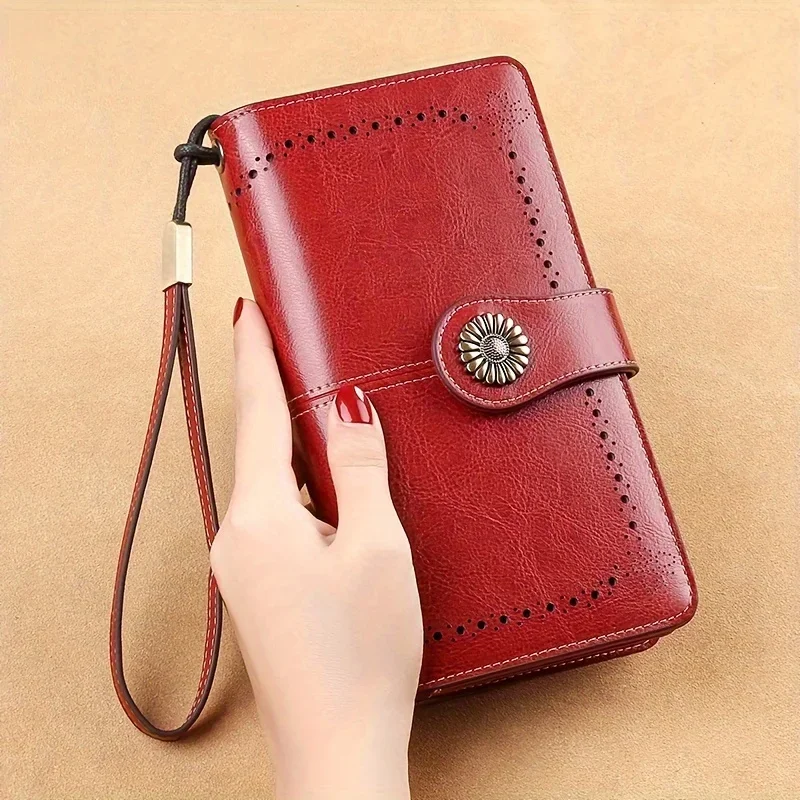 Carteira longa elegante feminina com alça de pulso removível, couro esculpido oco, porta-cartões de bloqueio multifuncional, lar