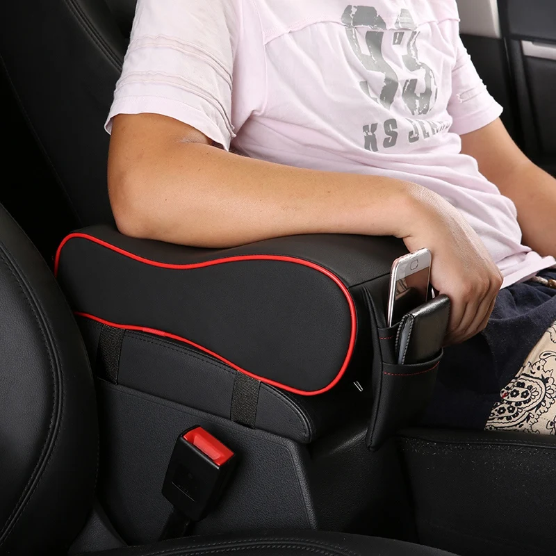 Car Armrest Cushion- Breathable Car Armrest Box Mat,Memory Foam Car Armrest Console With Phone Holder Storage Bag (Black + Red)