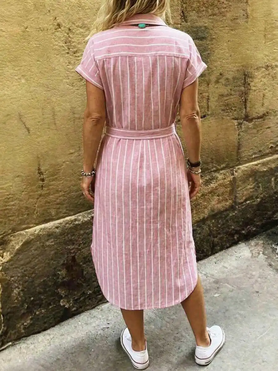 

Womens Pink Striped Short Sleeve Shirt Dress With Belt Waist Casual Chic Style