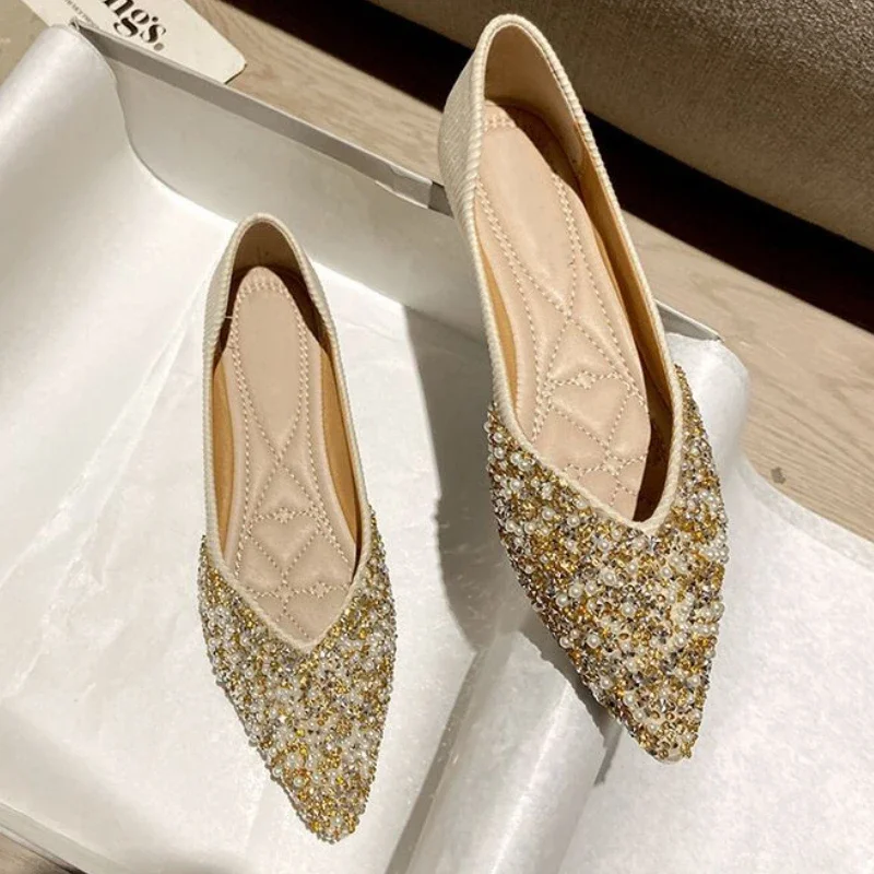 

Женская обувь, женские туфли на плоской подошве с острым носком, элегантные вечерние туфли без шнуровки с жемчугом, черные шикарные туфли 2024, летняя мода высокого качества 39