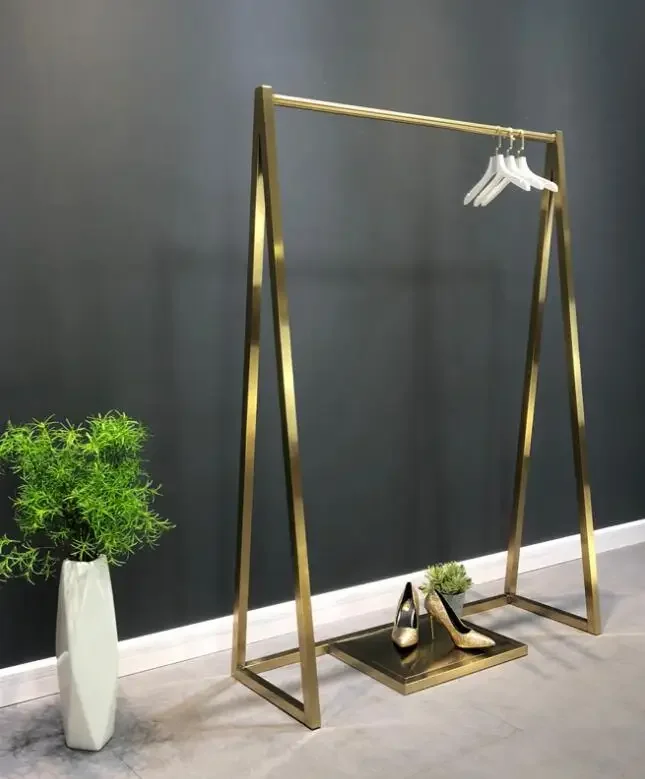 

High-end women's clothing store display rack new luxury titanium gold stainless steel custom floor rack side hanging middle isla