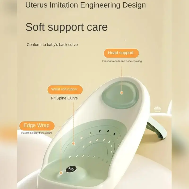 Baby Bath Support Non-slip Soft Support Kids Shower Chair with Drain Holes & Temperature Sensing Ergonomic Baby Bathtub Seat