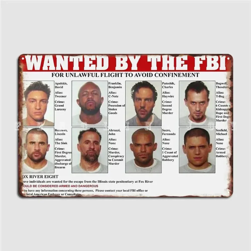 Placa de metal do FBI BarMovieArt Prison Break - Wanted Poster Tin Sign com canecas icônicas e logotipos do FBI, decoração deslumbrante