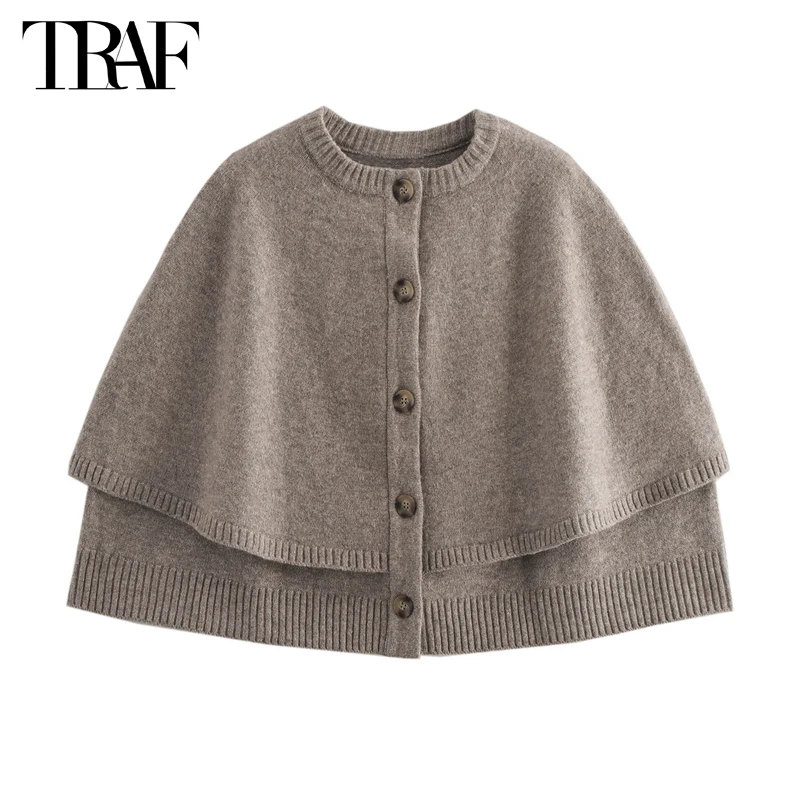 TRAF Cape Cropped Cardigan for Women Knitted Short Sweaters Cardigans Women Fashion Button Knitwear Women Cloak Women's Sweater