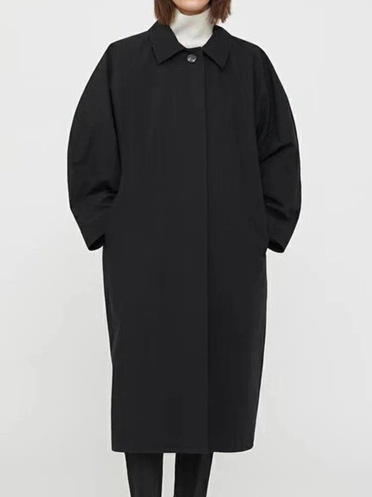 ZMEENNA Batwing Sleeve Turn Down Collar Button Patchwork Wysoka talia Solidny wełniany płaszcz damski 2024 Jesień Zima Nowy ZM38
