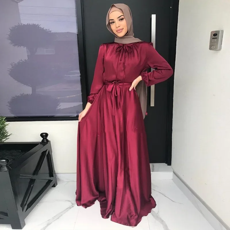 Cetim abaya longo vestido muçulmano elegante grande balanço com cinto hijab robe islam dubai turquia modesto abayas vestidos africanos para mulher