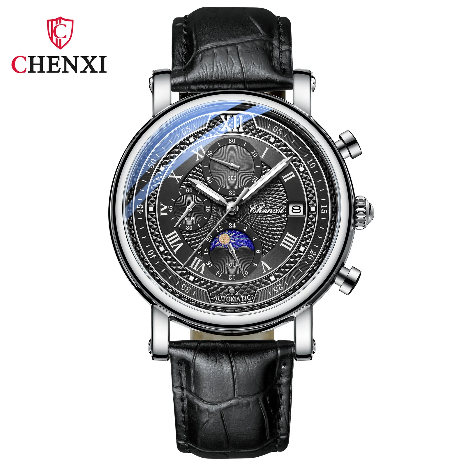 Chenxi 976 Leder Chronograph Datum Herrenuhr Mondphasenanzeige Business Leuchtende Quarzuhr Relojes Para Hombres