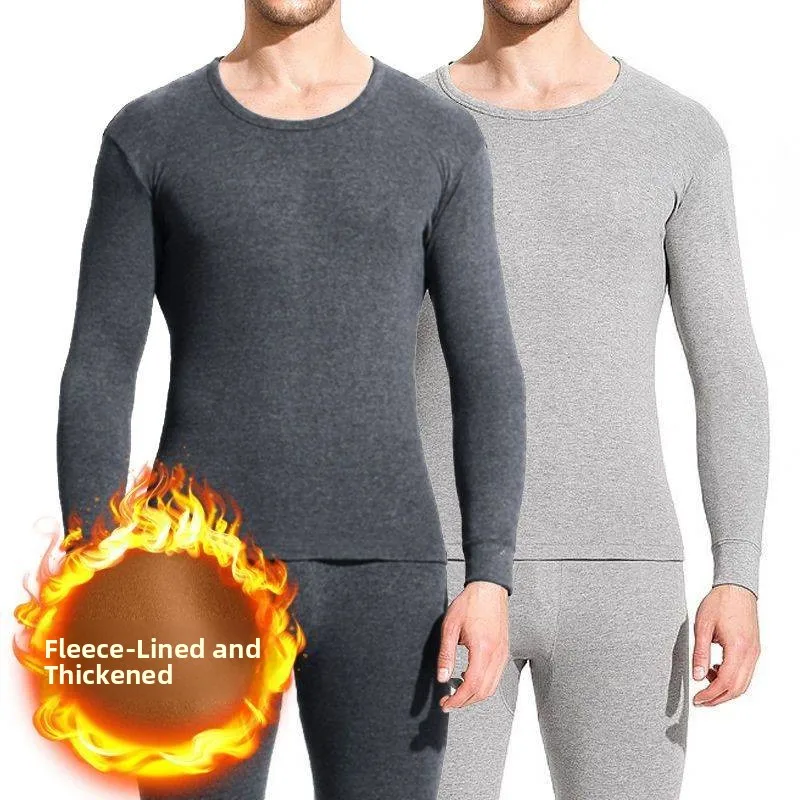 Men's Thermal Underwear Set Winter Thickened Pure Cotton Fleece Lined Anti Cold Youth Heating Autumn Clothes Long Sleeve Doub...