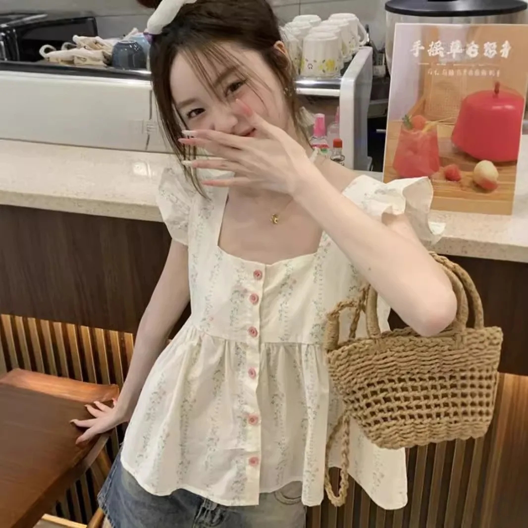 

Summer ort Doll irt Lace Trim Vest Flng Sve Floral Strapl Women's Top Polyester Fiber Square Collar Print De...