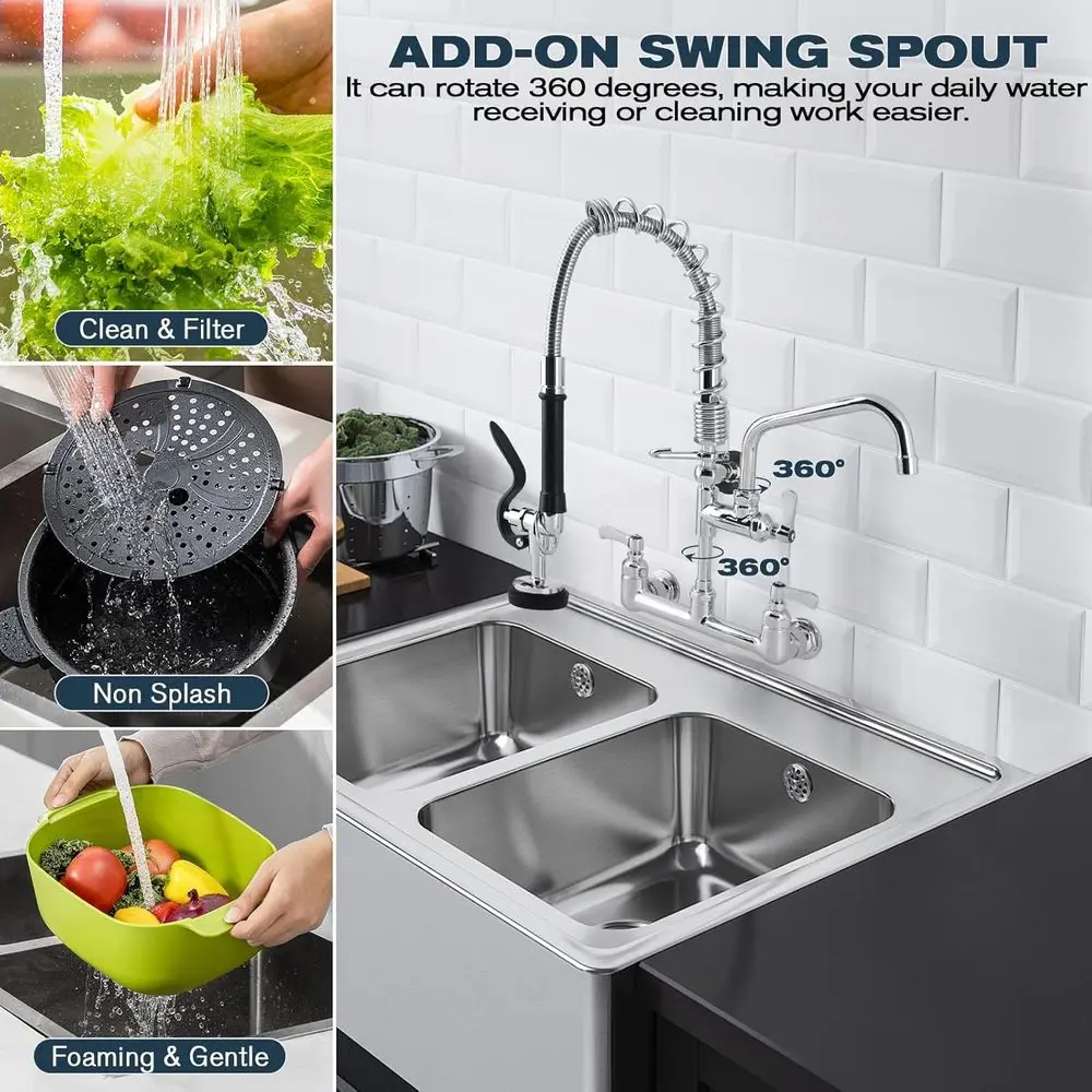 21 Wall-Mounted Commercial Sink Faucet with Pre-Rinse Sprayer, Adjustable Centers, and Pull-Down Spray