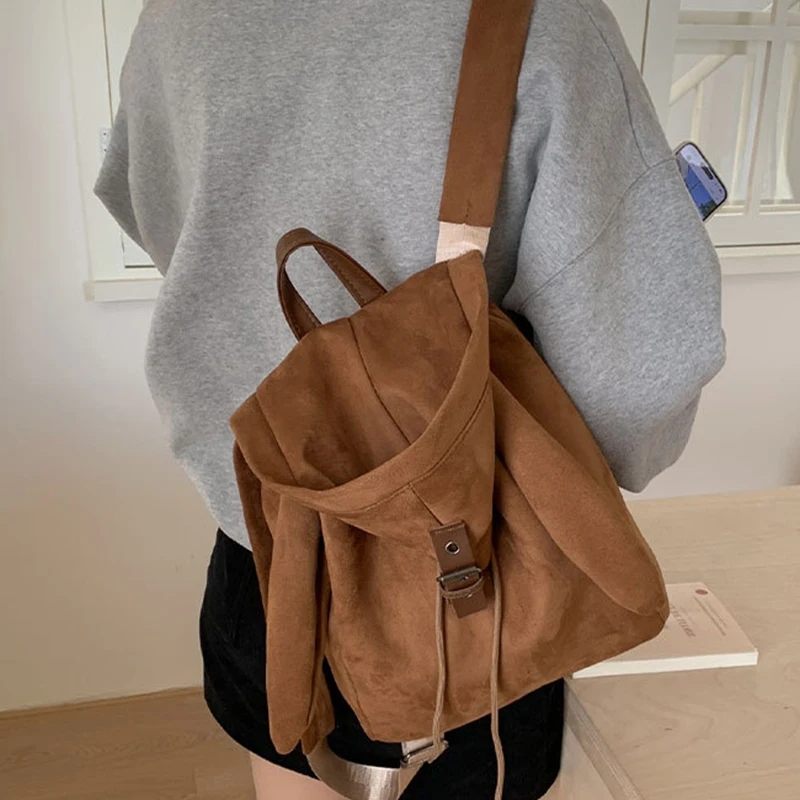 Hasenohr-Rucksack für Damen 2025, süßer Retro-Rucksack mit Kordelzug, einfache, geräumige Tasche für den täglichen Gebrauch im Herbst und Winter