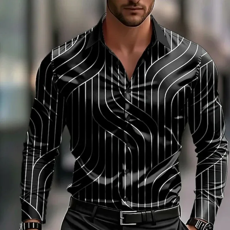 

Новая мужская деловая повседневная рубашка с длинным рукавом на пуговицах, формальная, для офиса, с горизонтальными полосками, индивидуальный стиль
