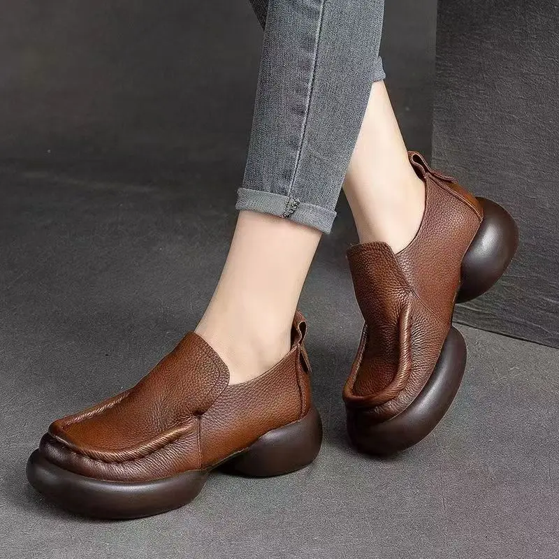 

Women Real Leather wedges Casual Shoes Spring Autumn New Thick sole Shallow Round Toe Slip On Lightweight Loafers Shoes