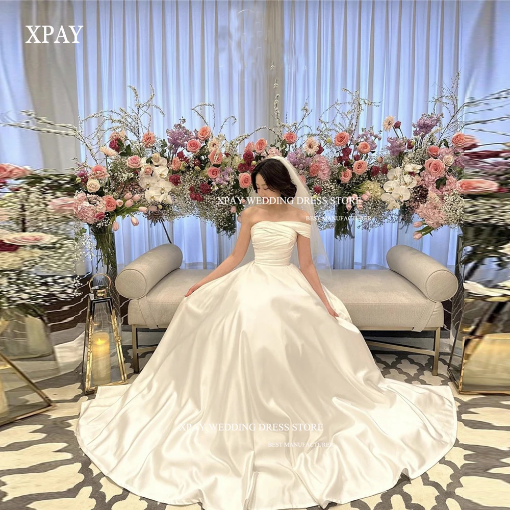 XPAY Korean Simple Satin A Line Wedding Dresses One Shoulder Customized Short Sleeve Strapless Bridal Gowns Sexy Bride Dress