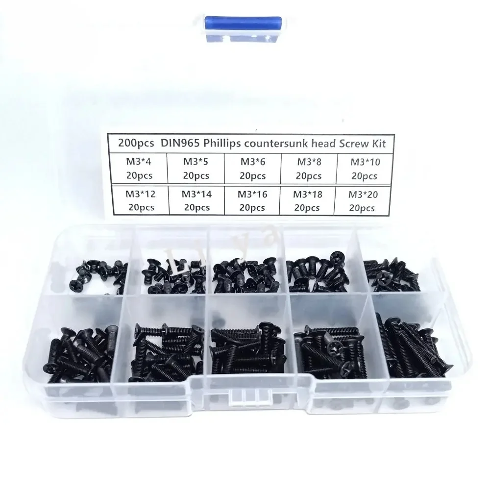 200pcs M2/2.5/3 * 4/5/6/8/10/12/14/16/18/20mm DIN965  Cross Recessed countersunk Head Phillips Screws KIT