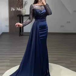 Simple Formal Prom Dresses Satin Long Sleeves Sheath Party Gowns New Satin With Sequined Evening Dress Vestido De Fiesta