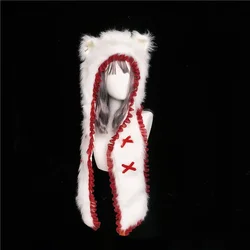 Ruibbit Girl Punk Metal Cat Ear Cap Headdress Scarf Plush Hooded Christmas Scarf Hat Winter Warm Windproof Earflap Scarf Woman