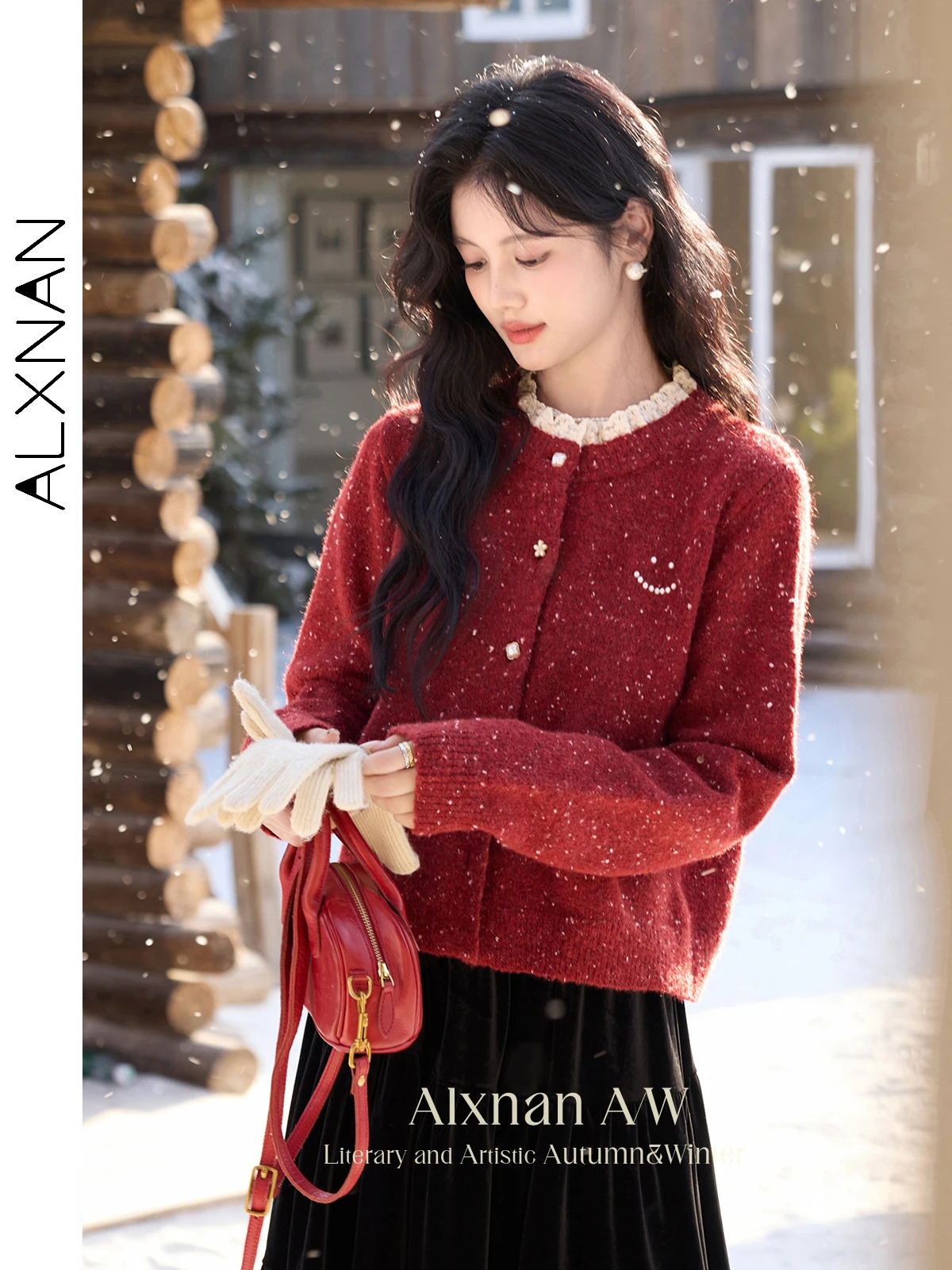 ALXNAN Red Cardigan Women's Spliced Lace Collar Chic Pearl Buttons Sweaters 2025 Autumn Winter Long Sleeve Warm Knitwear L52502