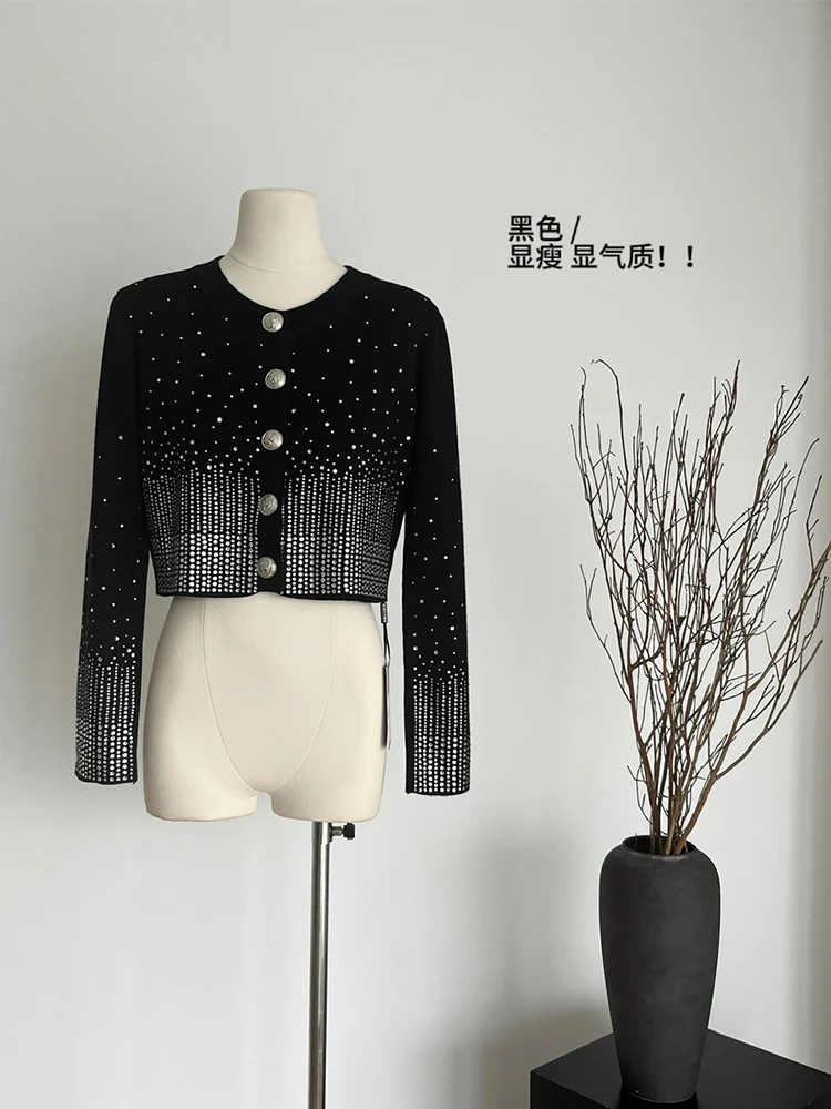 Autumn Winter Woman French Vintage Pullovers Thick Cardigan Sweater Rhinestone Long Sleeve 2000s Aesthetic Jumper Luxury Jerseys