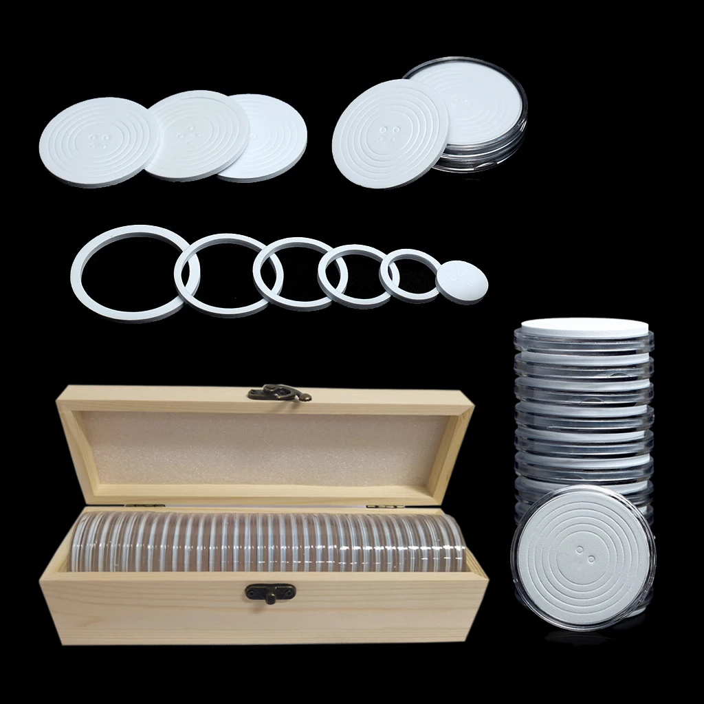 33Pcs 46mm Coin Capsules Storage Case with Foam Gaskets and Wooden Organizer Box for 19/24/29/34/39/46mm Coins Collecting Holder