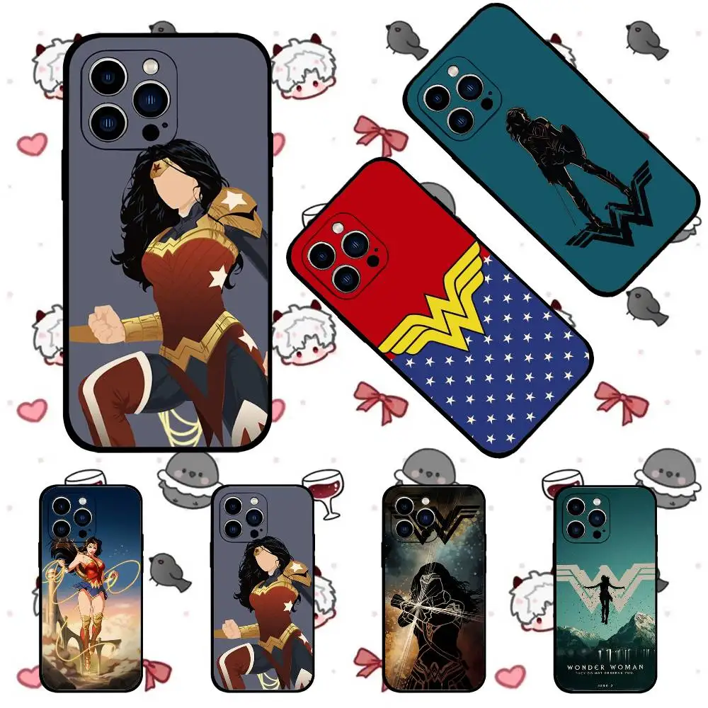 Coque de téléphone Wonder Woman noire compatible avec iPhone 17, 16, 15, 11, 13, 14 Pro Max, Plus, X, Xr, Xs Max, 13 Mini