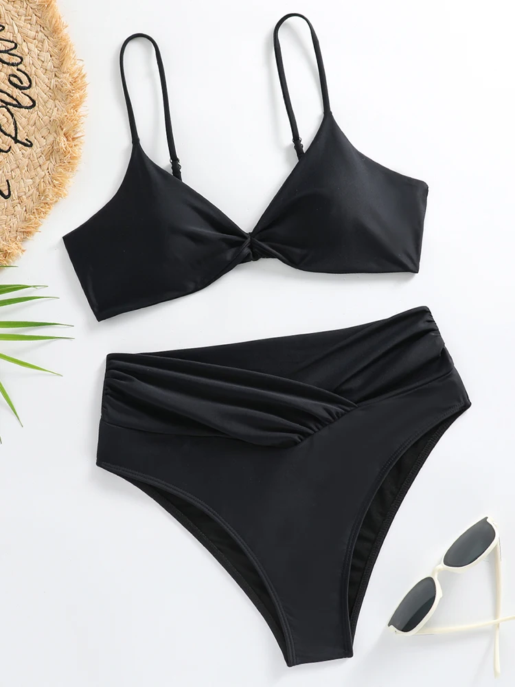 Bikini traje de baño de cintura alta para mujer, traje de baño 2025, nuevo conjunto de Bikinis con tirantes sólidos, traje de baño Sexy con Tanga, traje de baño femenino de dos piezas para playa de verano