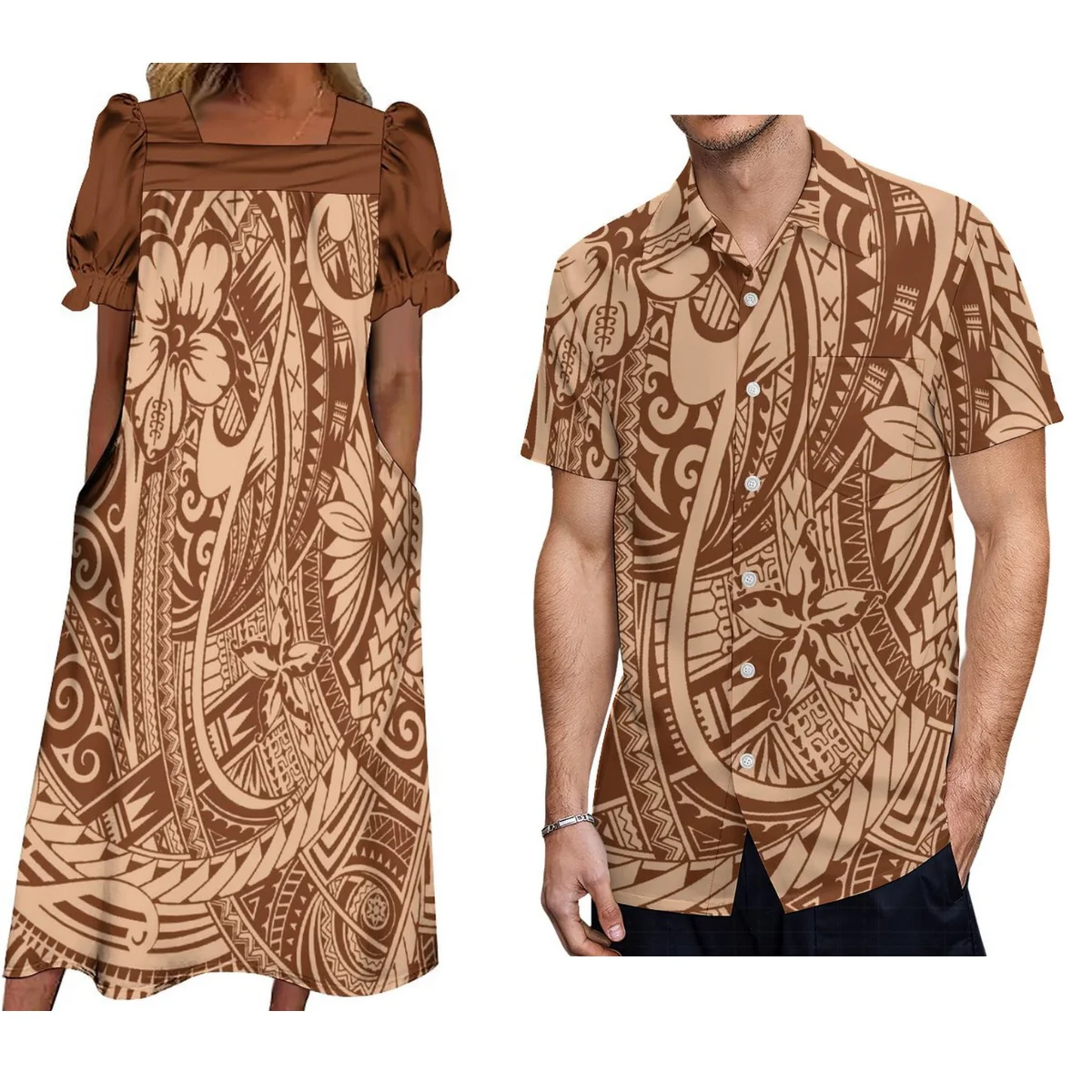 

Summer Mumu Women'S Square Neck Dress 6xl Polynesian Tribal Design Print With Men'S Shirt 9xl Couple Suit