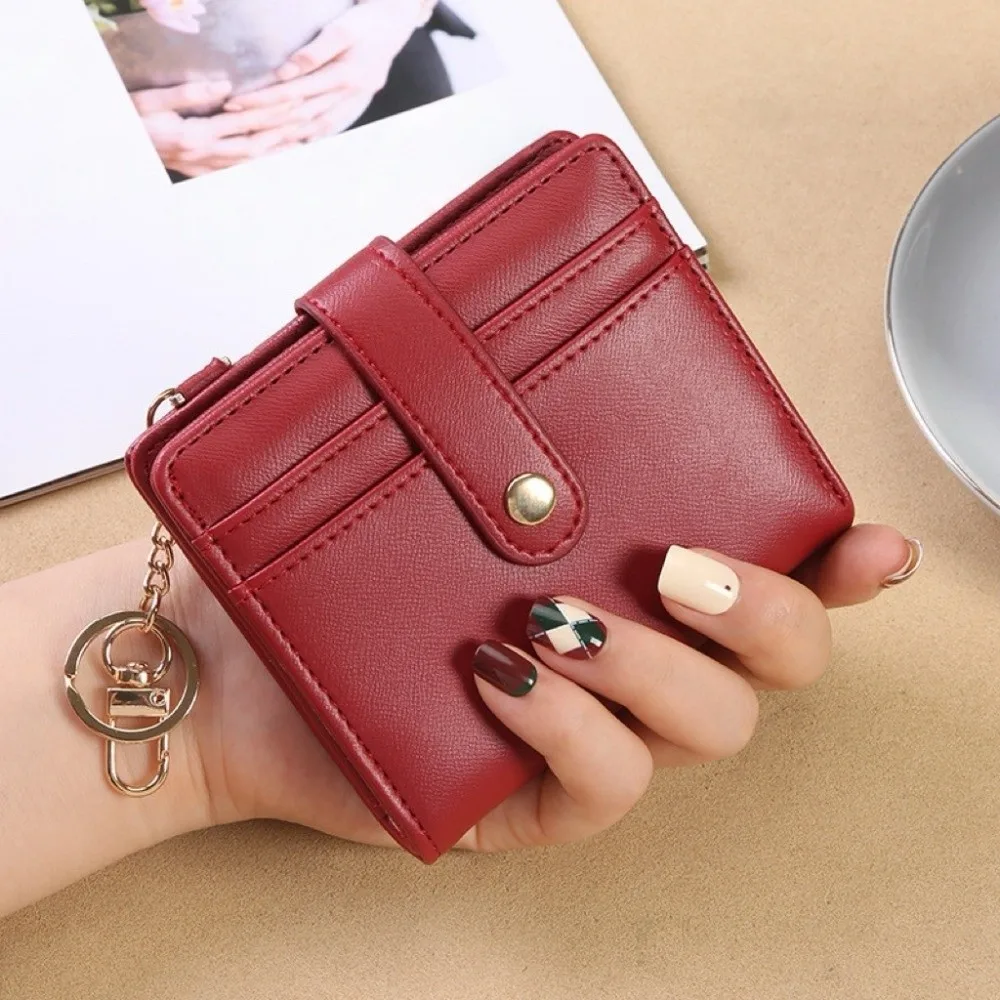 Creative Card Holder Short Trifold Wallet Multifunction PU Leather Hangging Card Bag Portable with Keychain Pocket Purse Outdoor