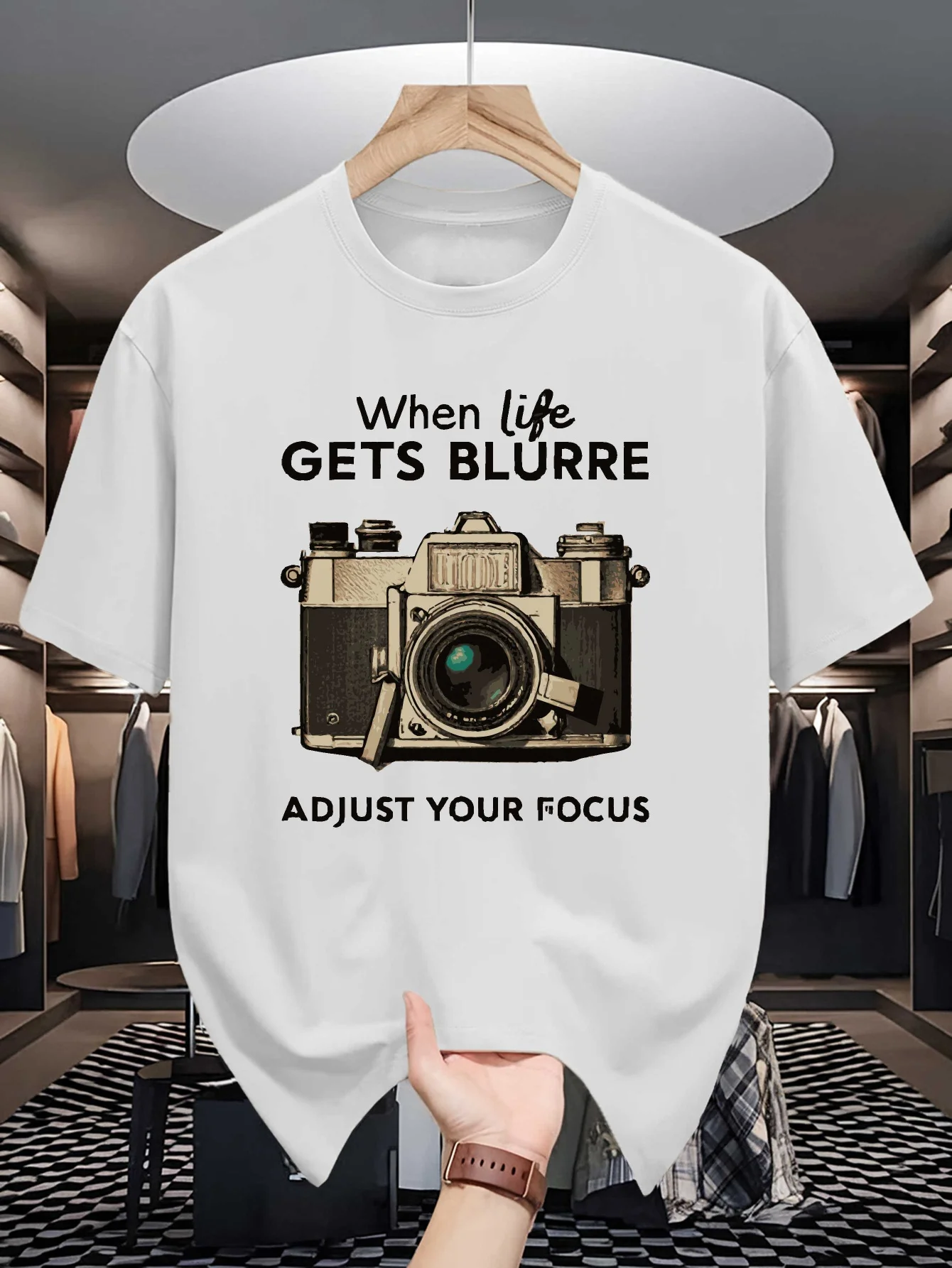 Vintage Retro Camera Mens T Shirt Adjust Your Focus Slogan Print Short Sleeve Tees Casual Tops Photographer Summer Male Outfit