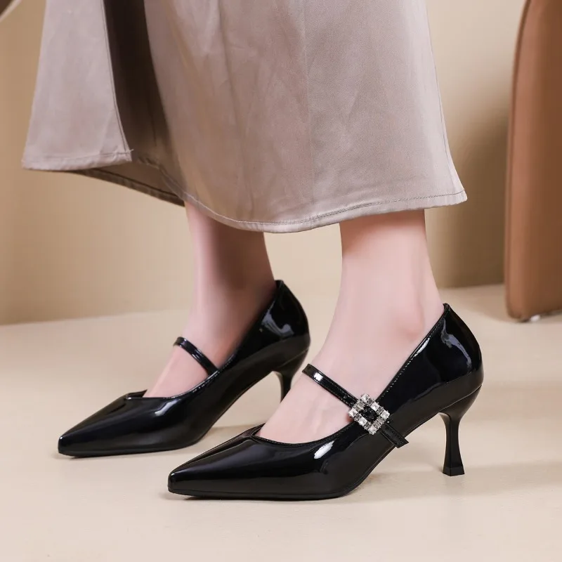 Single Shoes New Versatile Spring Diamond-encrusted One Line with Pointed Toe Stiletto Shallow Mouth Women's High Heels