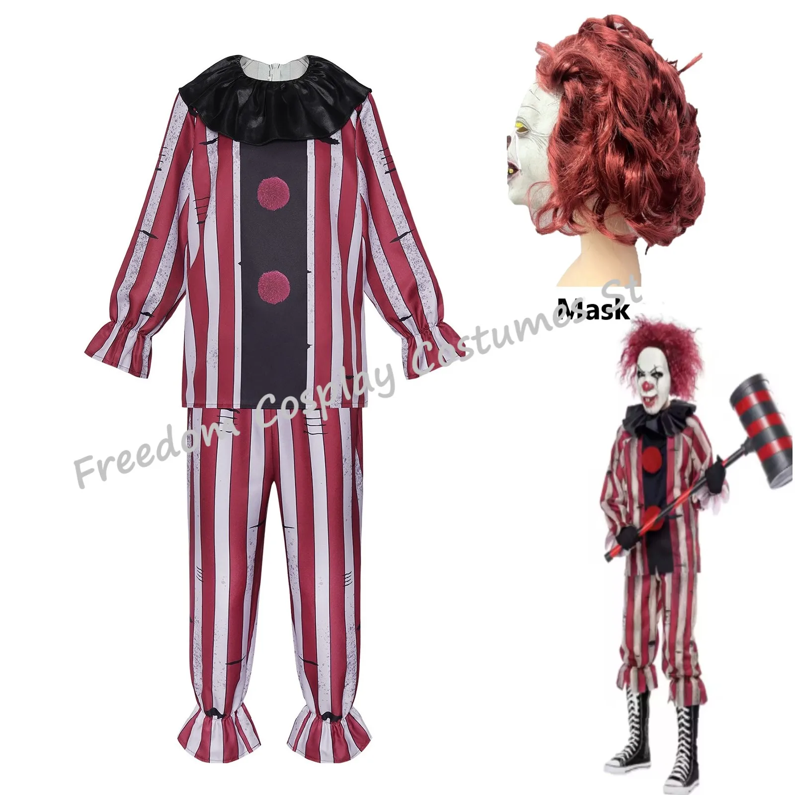 

Evil Clown Cosplay Anime Art The Clown Terror Bloodstain Uniform Mask Set Halloween Party Role Play Clothing for Men Women