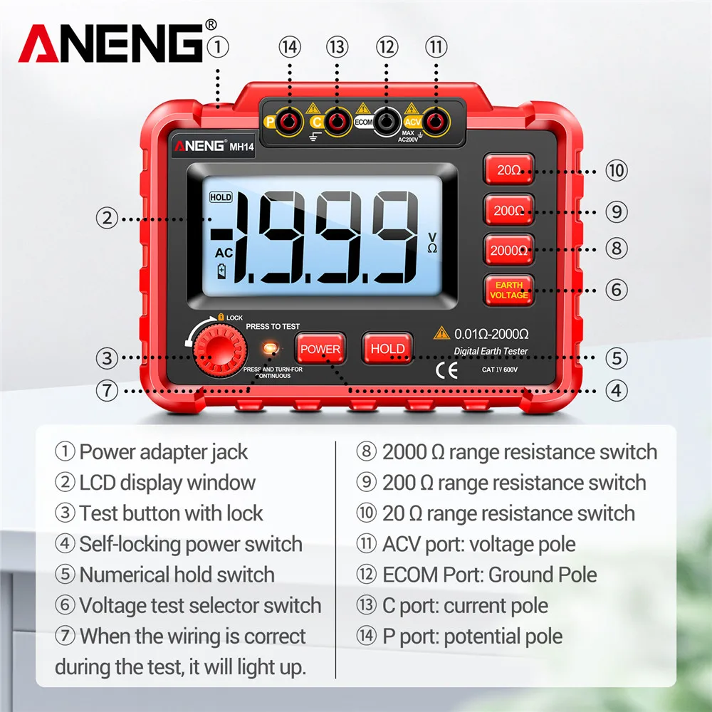 ANENG MH14 1999 Conuts Megohmmeter Grounding Resistance Tester Professional Earth Ground Resistor Power System Inspection Tool