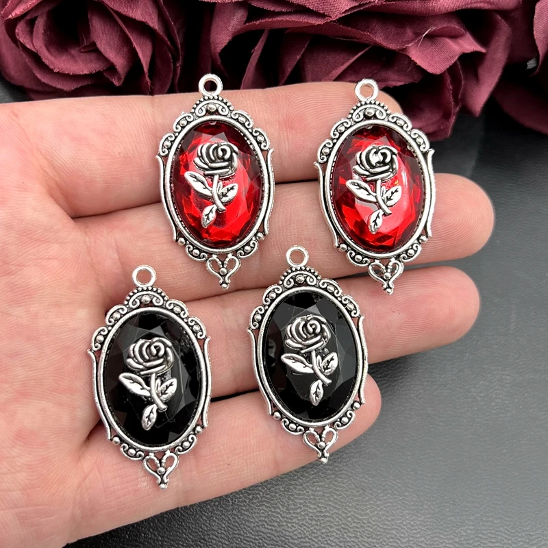 5pcs 42*23mm Gothic Red and Black Crystal Rose with Frame Embossed Accessories DIY Crafts Making Charm Pendant Jewelry Making