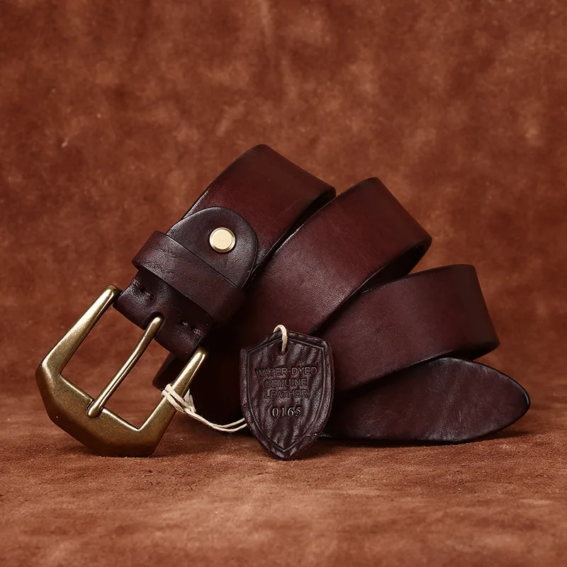 Handmade Vintage Genuine Leather Belt for Men, Copper Buckle Vegetable Tanned Top Grain Cowhide Belt, Daily Jeans Accessories