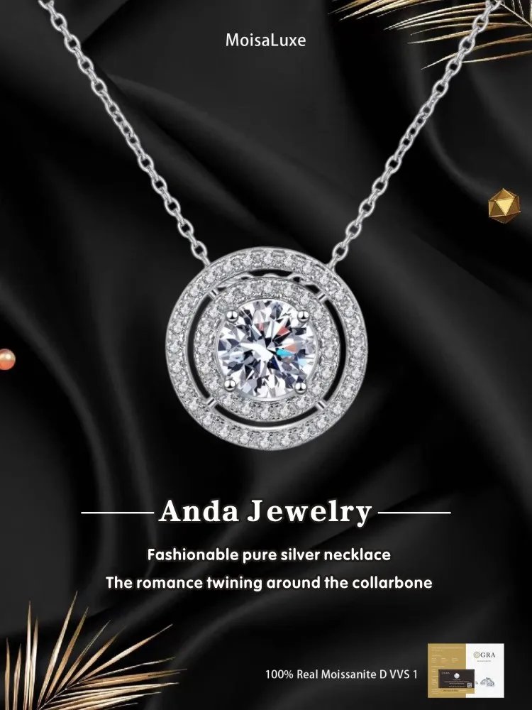 

Moissanite Plata Sterling 925 Silver Luxury Fashion Double-circle Round Full of Diamonds Necklace GRA Certified