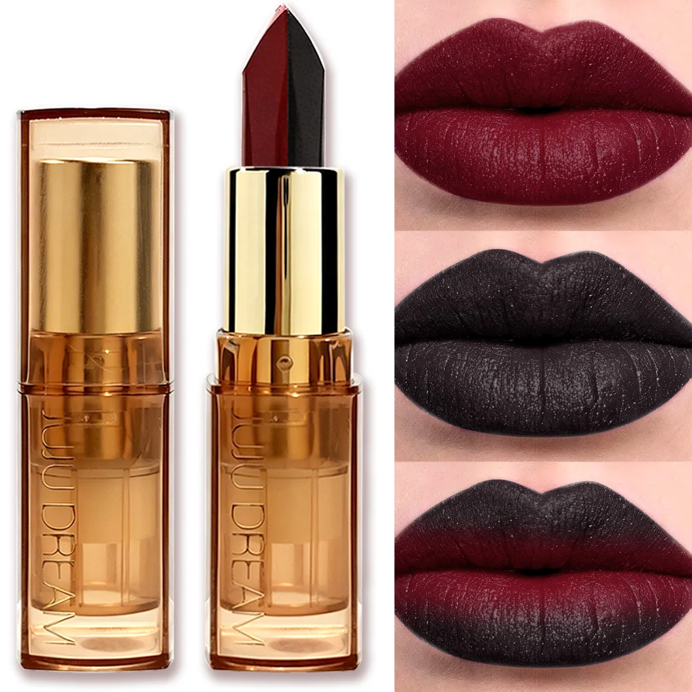 JUUDREAM Two-tone Matte Lipstick Black Red Glitter Gradient Lip Makeup Long Lasting Gothic Dark Lip Cosmetics