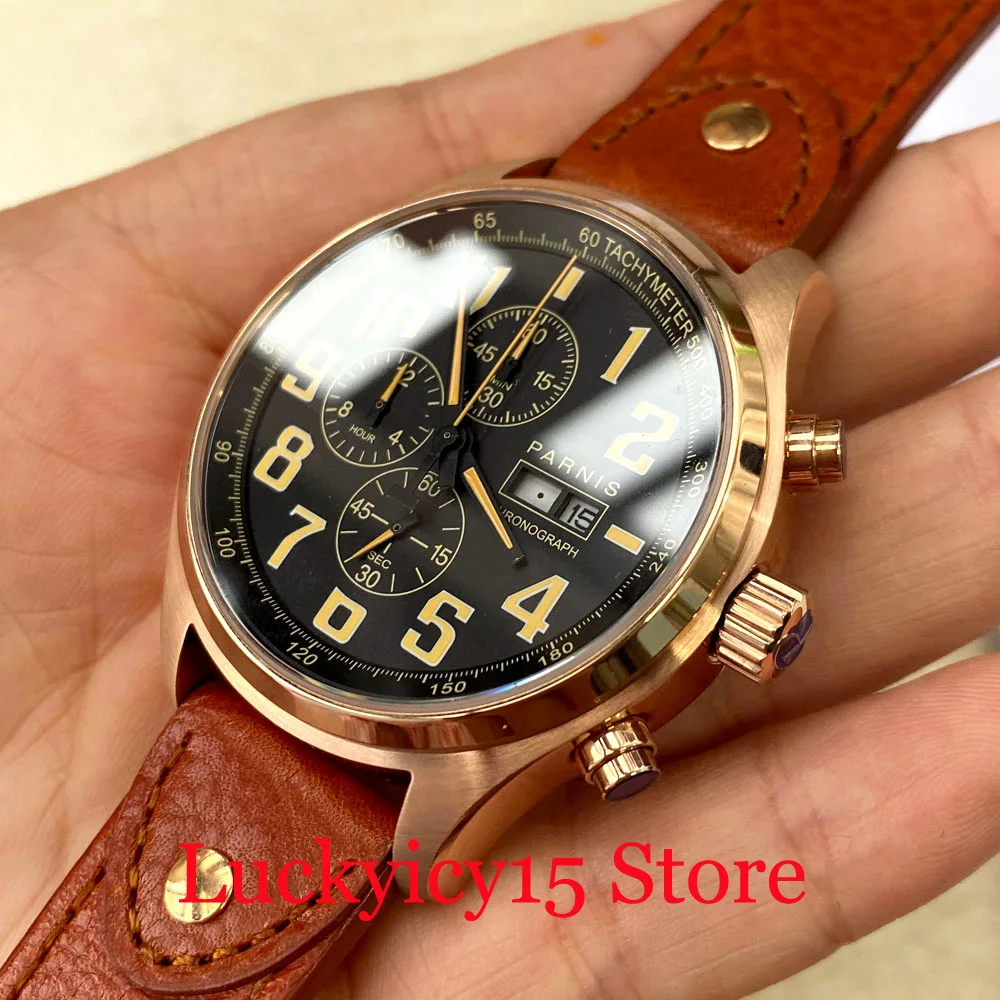 Parnis 44MM Quartz Movement Chronograph GMT Function Men\'s Watch Gold Watch Case Brown Leather Strap With Auto Date And Day