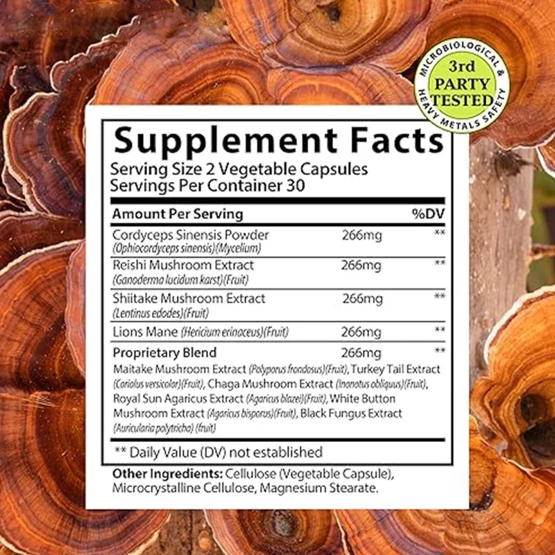 Cápsulas de suplemento de mushroom Shiitake y crinera de león - Complejo de setas de rompecabezas con extracto de asta de abedul y polvo de Cordyceps