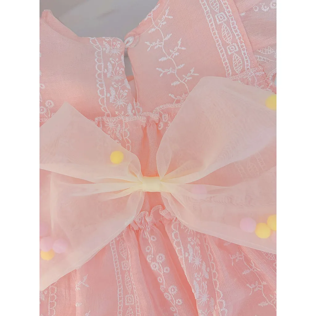 Korean Version Summer 1-3 Year Old Baby Girl Printed Round Neck Flying Sleeve Butterfly Bow Princess Dress for Birthday Party 6