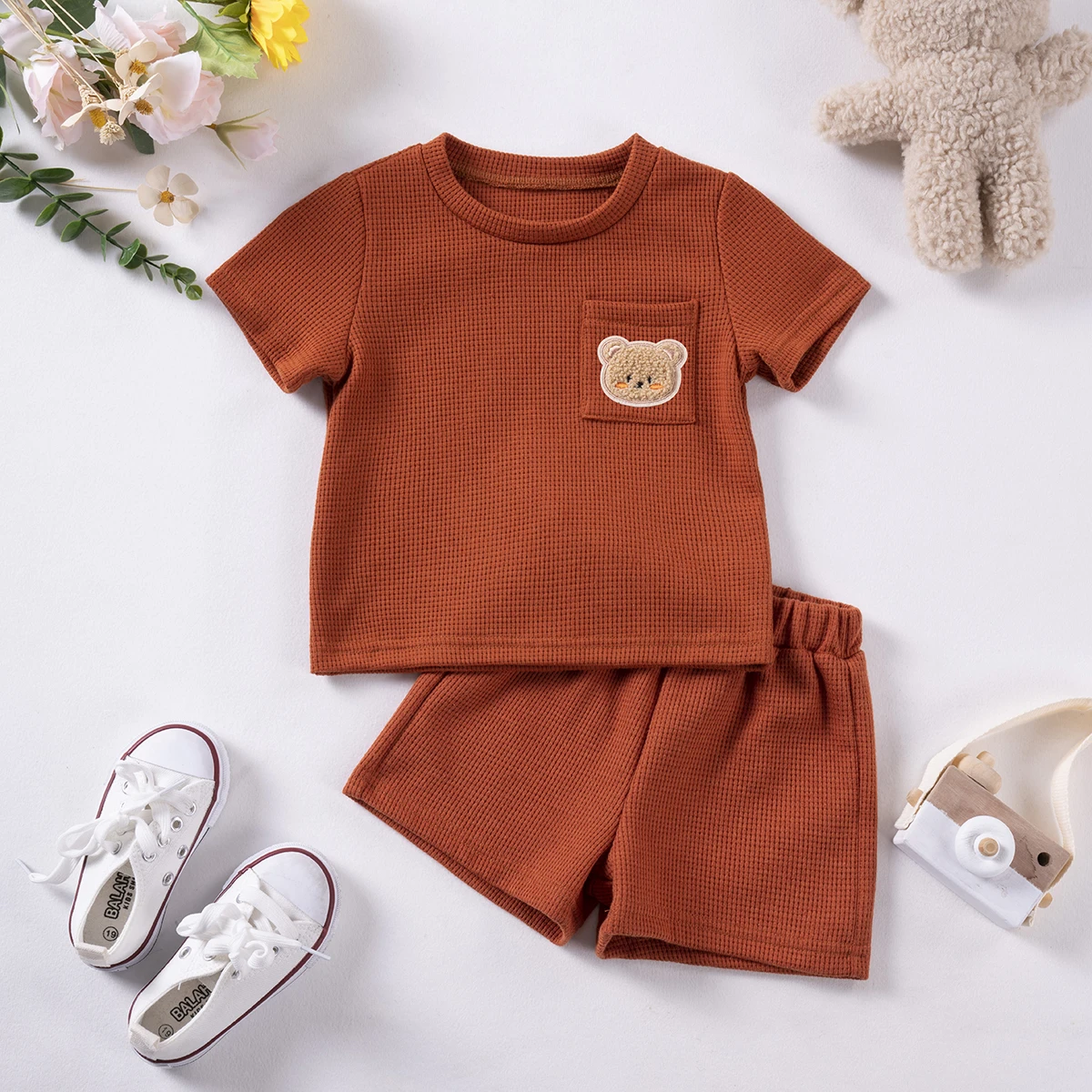 Baby Boy Summer Short Sleeve Suit Waffle Short Sleeve Shorts Two Piece Bear Pocket Casual Set 0-4Y Boy Clothes