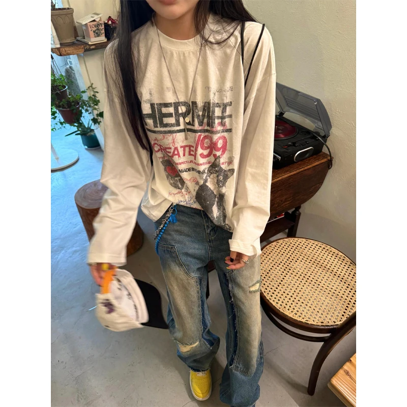 

Vintage American Heavyweight Cotton Sweatirt Long Sve Print Loose Men's T-irt Faionable Casual Comfortable Top