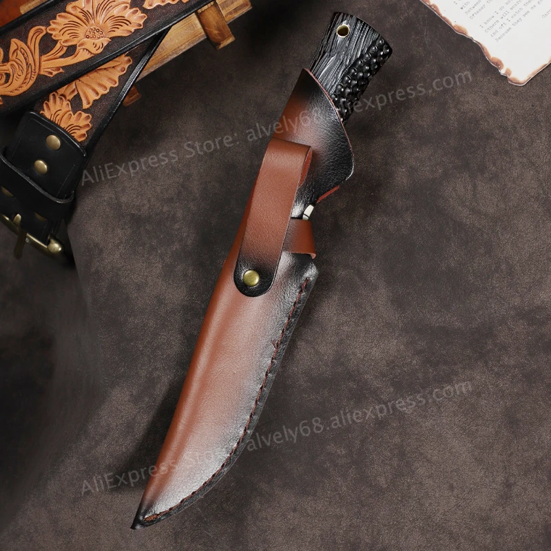 VG10 Damascus Steel Fixed-Blade Knife, Ebony Handle with Leather Sheath, Outdoor Camping and Survival EDC Utility Knife view 5