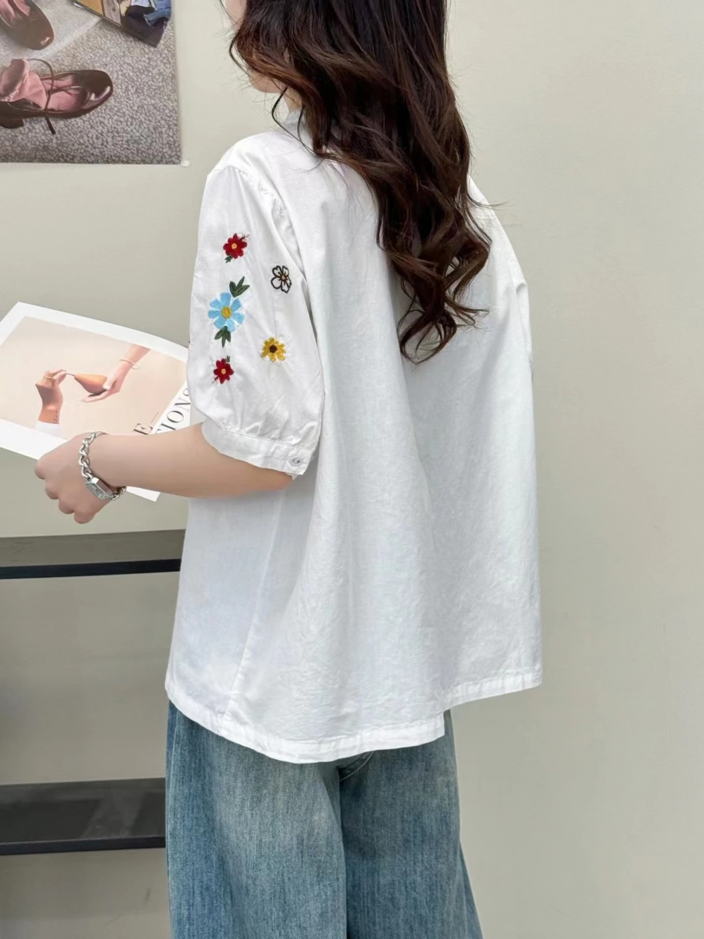 New 2025 Summer Cotton Short Sleeve Shirt, Women V Neck Embroidery, Mori Girl Vintage Ethnic Style Casual Loose Blouse T55771CC